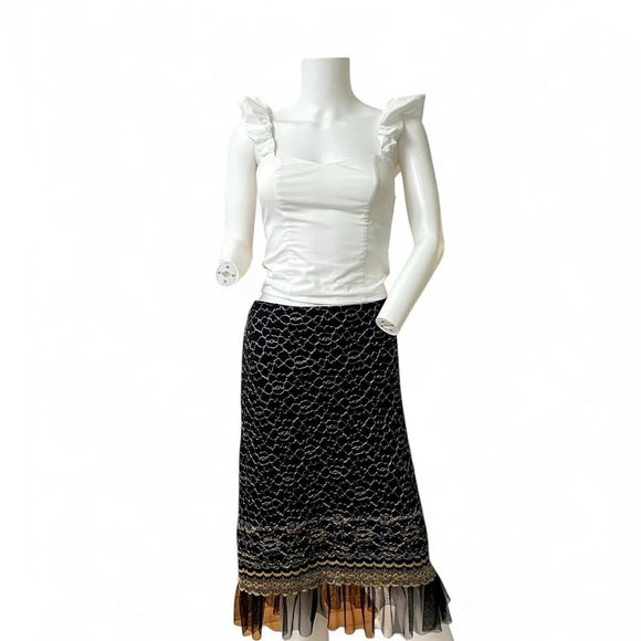 Betsey Johnson Black Lace-Trim Midi Skirt with Gold & White Accents - Picture 4 of 5